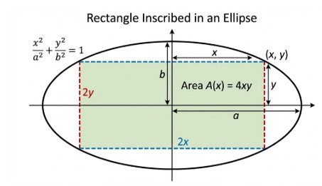 Rectangle inscribed in an ellipse diagram showing dimensions 2x and 2y