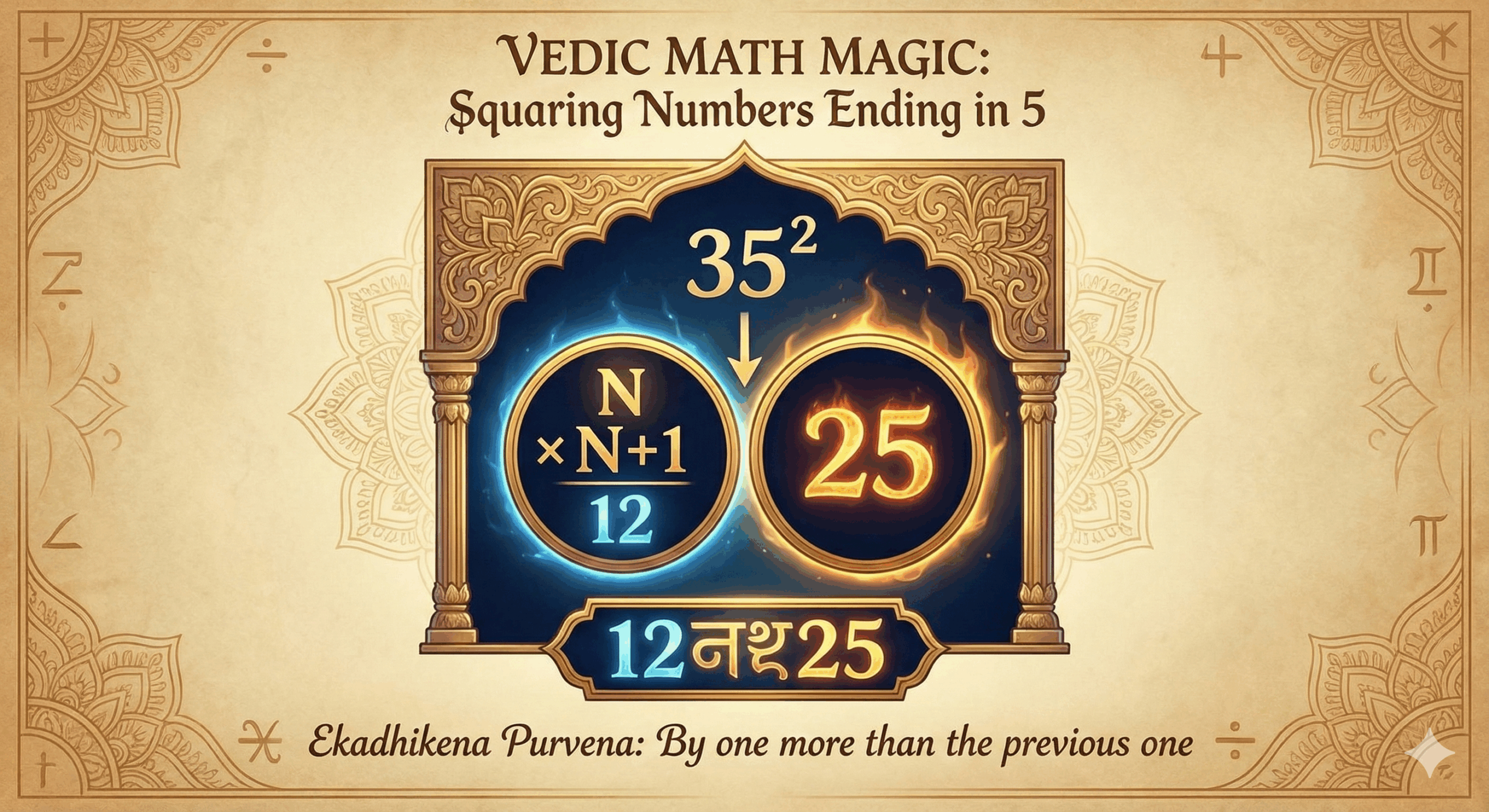 Diagram illustrating the Vedic Math method for squaring a number ending in 5, showing N multiplied by N+1 followed by 25